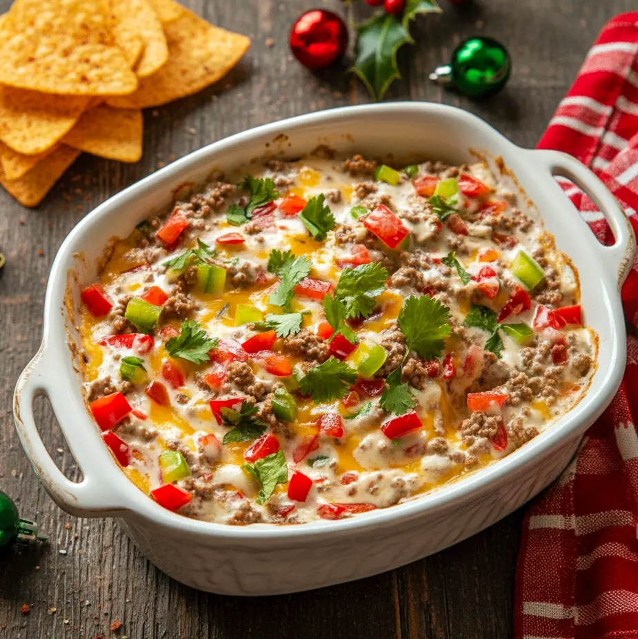 Texas-style Christmas chip and dip with creamy layers, festive colors, and bold Tex-Mex flavor—perfect for holiday parties, snacking, and vibrant Christmas appetizer spreads.