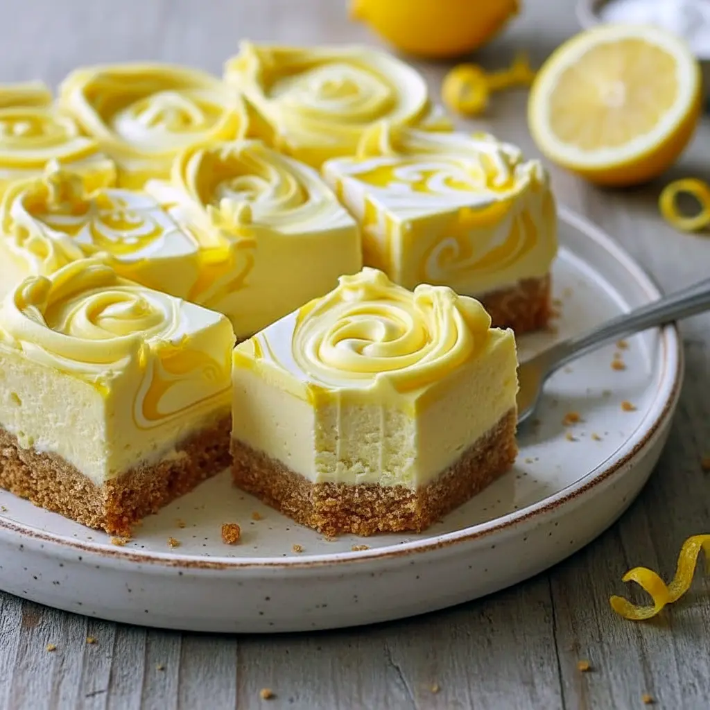Triple Lemon Cheesecake Swirl Bars sliced and displayed on a tray, featuring creamy cheesecake layers with a vibrant lemon swirl, perfect for fans of Cheesecake Lemon Bars and elegant Flavored Cheesecake Recipes.