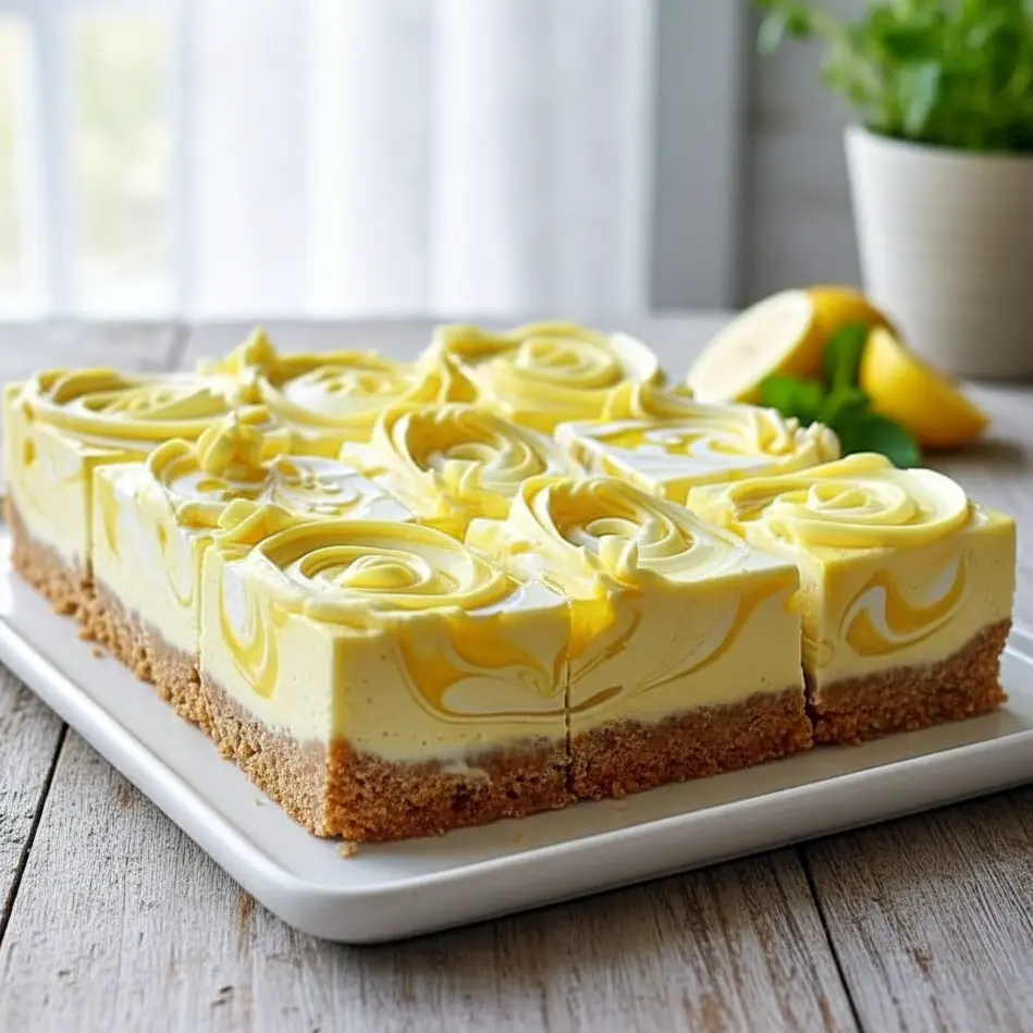 Triple Lemon Cheesecake Swirl Bars sliced and displayed on a tray, featuring creamy cheesecake layers with a vibrant lemon swirl, perfect for fans of Cheesecake Lemon Bars and elegant Flavored Cheesecake Recipes.