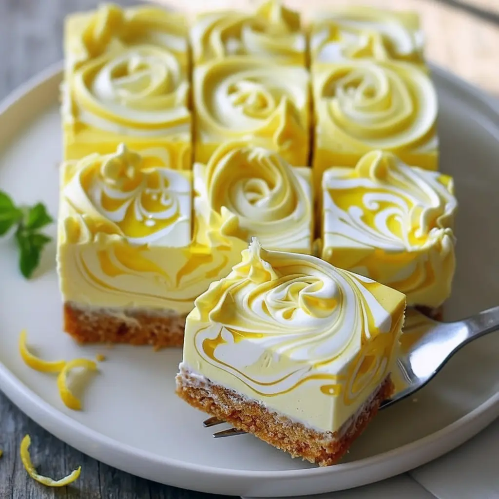 Triple Lemon Cheesecake Swirl Bars sliced and displayed on a tray, featuring creamy cheesecake layers with a vibrant lemon swirl, perfect for fans of Cheesecake Lemon Bars and elegant Flavored Cheesecake Recipes.