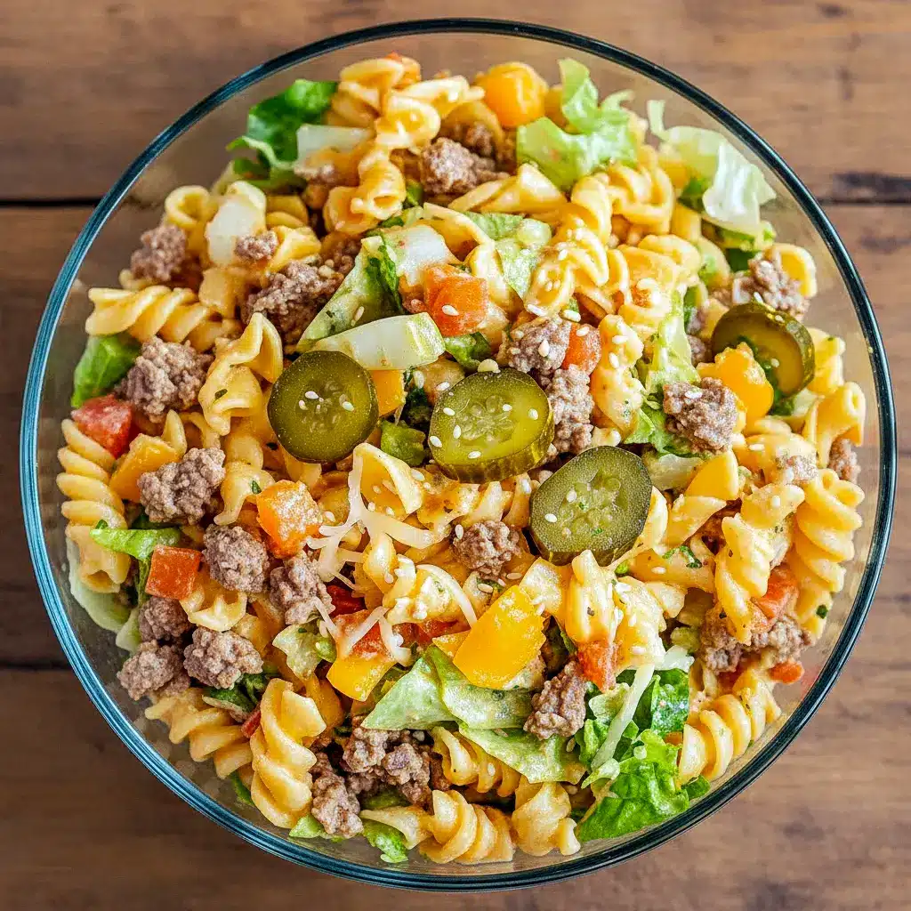 A bowl of Mac And Cheese Pasta Salad made Big Mac–style with pasta, seasoned beef, cheddar cheese, pickles, and creamy dressing—an irresistible take on Big Mac Macaroni Salad and one of the most fun Types Of Pasta Salad for parties and gatherings.