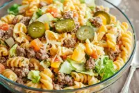 Big Mac And Cheese Pasta Salad – One of the Best Pasta Salad Variations2 A bowl of Mac And Cheese Pasta Salad made Big Mac–style with pasta, seasoned beef, cheddar cheese, pickles, and creamy dressing—an irresistible take on Big Mac Macaroni Salad and one of the most fun Types Of Pasta Salad for parties and gatherings.