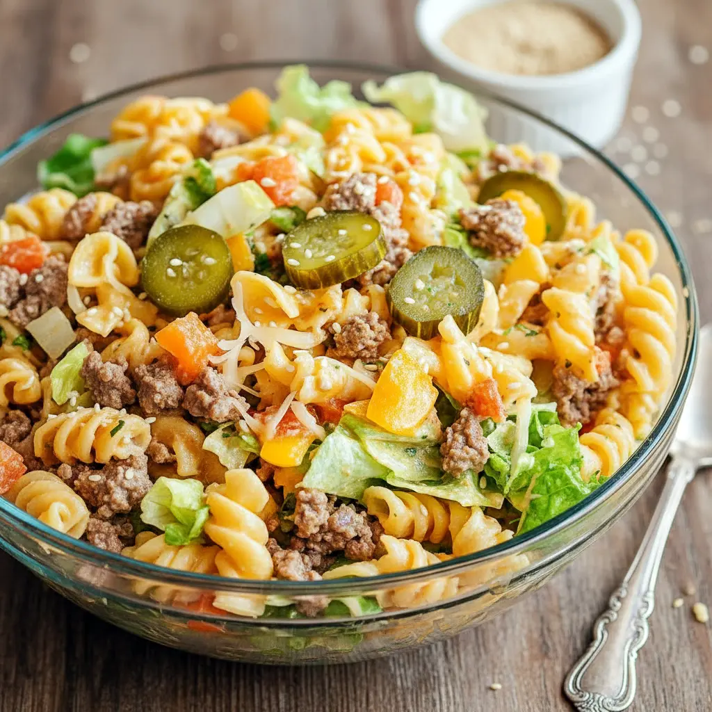 A bowl of Mac And Cheese Pasta Salad made Big Mac–style with pasta, seasoned beef, cheddar cheese, pickles, and creamy dressing—an irresistible take on Big Mac Macaroni Salad and one of the most fun Types Of Pasta Salad for parties and gatherings.