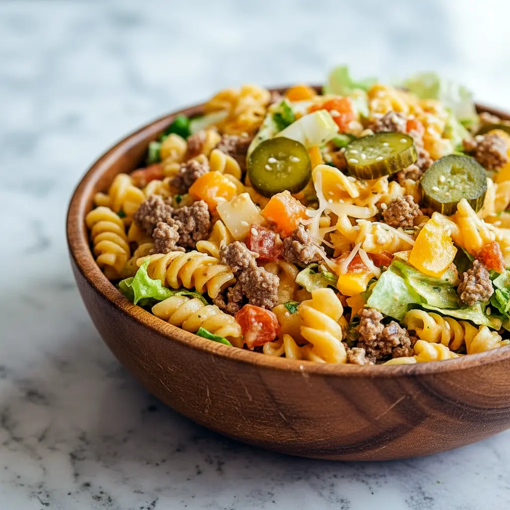 A bowl of Mac And Cheese Pasta Salad made Big Mac–style with pasta, seasoned beef, cheddar cheese, pickles, and creamy dressing—an irresistible take on Big Mac Macaroni Salad and one of the most fun Types Of Pasta Salad for parties and gatherings.
