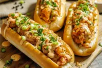 Cajun Crawfish Rolls Recipe That Everyone Craves2 Crawfish Rolls filled with seasoned Crawfish Tails, creamy dressing, and fresh herbs served in toasted rolls, showcasing one of the most irresistible Recipes With Crawfish Meat for a flavorful Cajun-style meal.