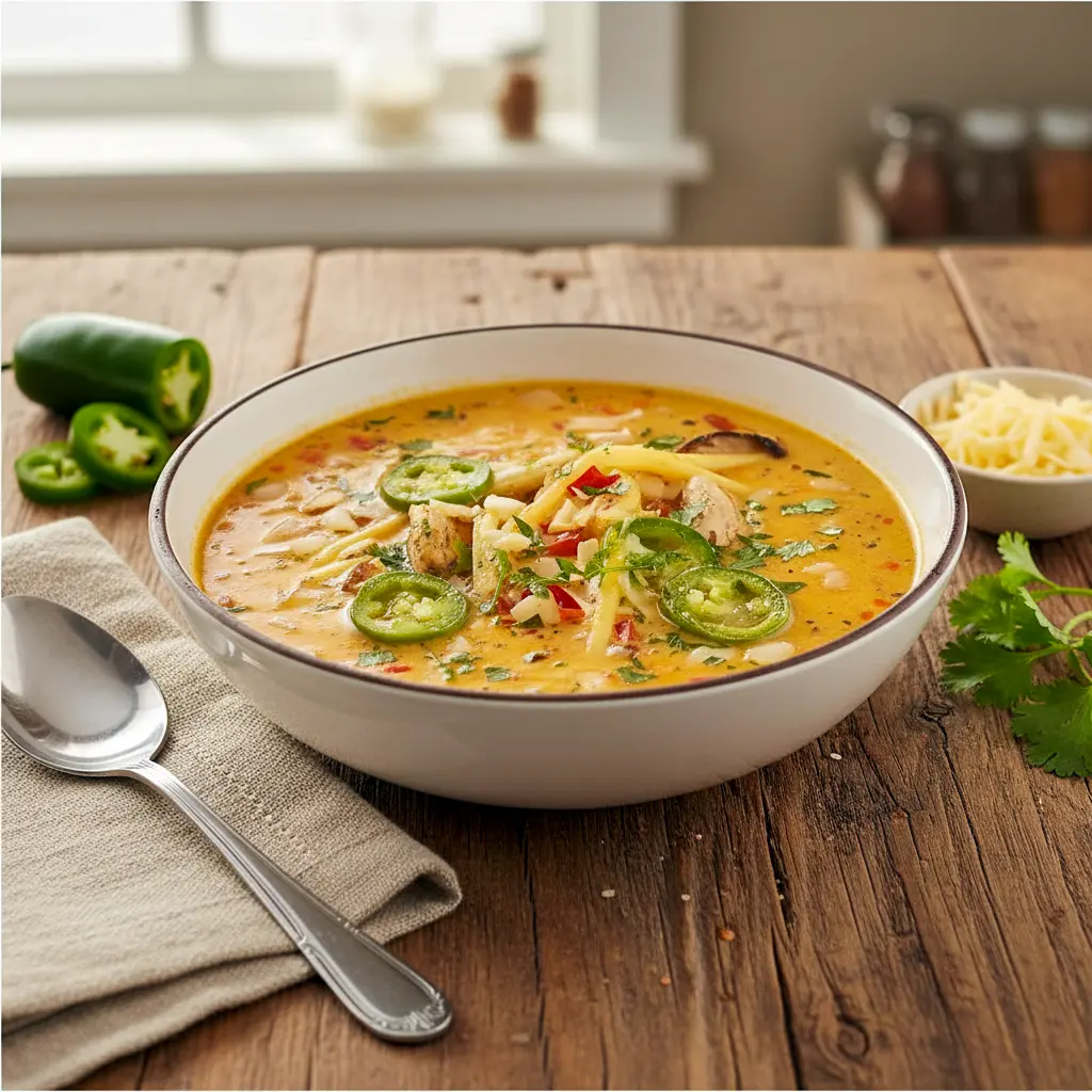 Creamy chicken soup with bacon, melted cheese, and fresh peppers inspired by a bold Jalapeno Recipe, ideal for fans of Spicy Crockpot Recipes and Spicy Soup Recipes Easy, often called the Worlds Best Soup by heat lovers.