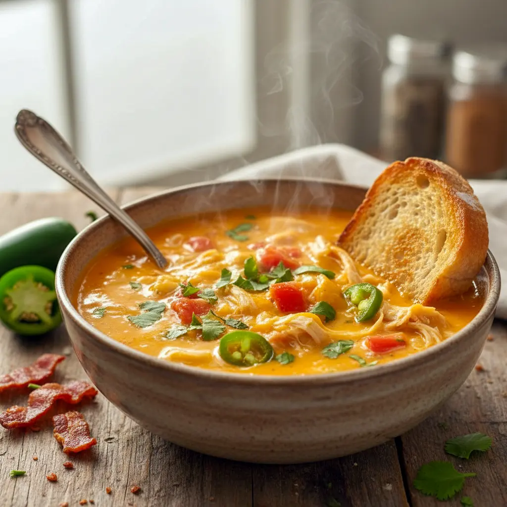 Creamy chicken soup with bacon, melted cheese, and fresh peppers inspired by a bold Jalapeno Recipe, ideal for fans of Spicy Crockpot Recipes and Spicy Soup Recipes Easy, often called the Worlds Best Soup by heat lovers.