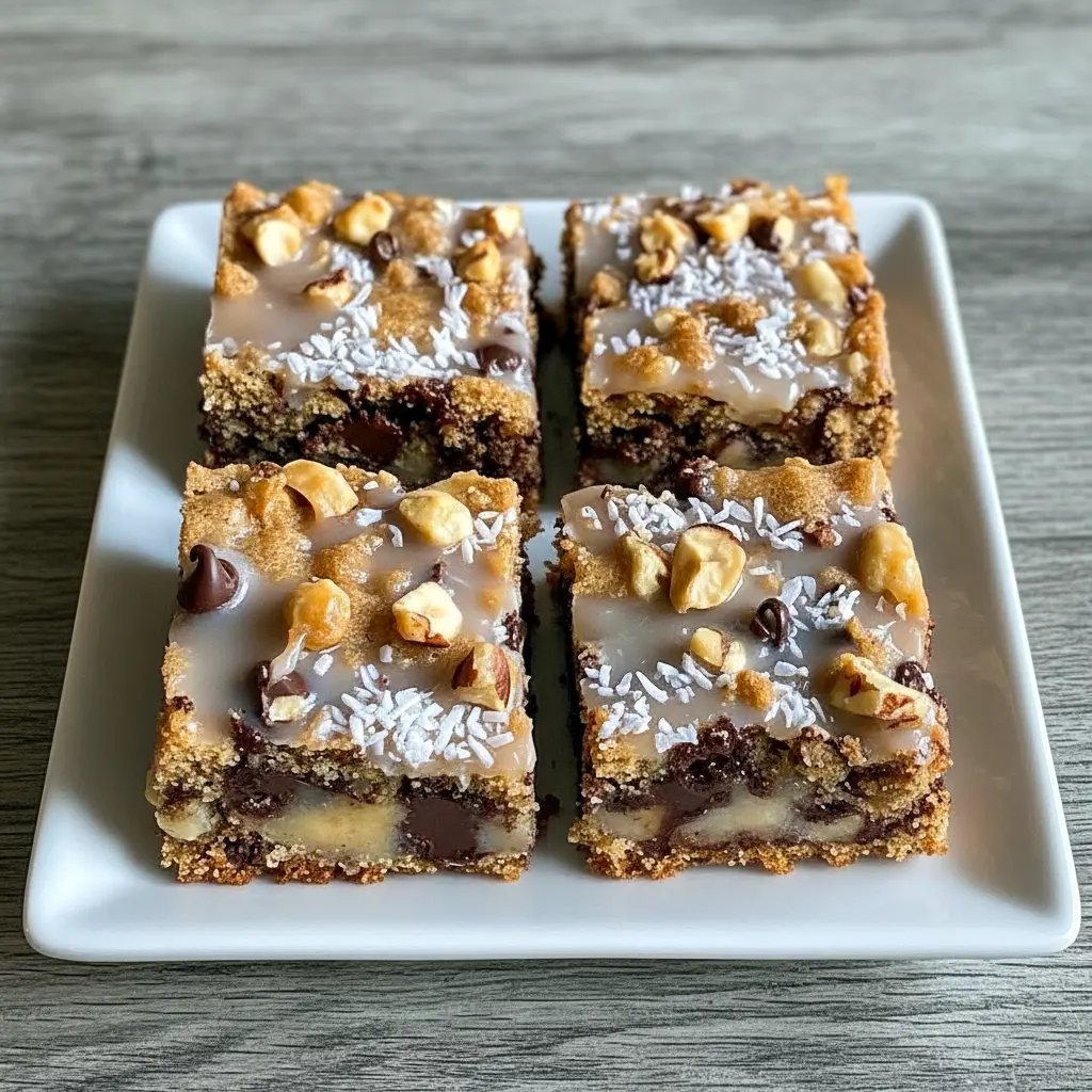 Magic Cookie Bars with rich layers of chocolate, coconut, and nuts on a buttery Graham Cracker Crumbs crust, sliced into classic Cookie Bars perfect for Easy Baking and crowd-pleasing Sweet Snacks.