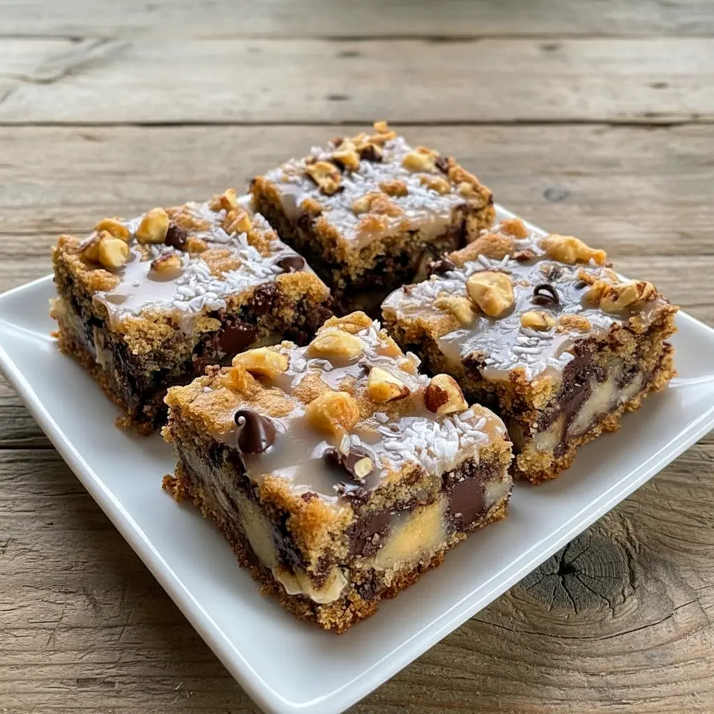 Magic Cookie Bars with rich layers of chocolate, coconut, and nuts on a buttery Graham Cracker Crumbs crust, sliced into classic Cookie Bars perfect for Easy Baking and crowd-pleasing Sweet Snacks.