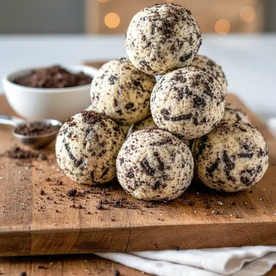 Creamy cookies-and-cream protein balls made with crushed Oreos and cream cheese, rolled into bite-sized snacks on a parchment-lined tray, perfect for no-bake meal prep and healthy snacking.