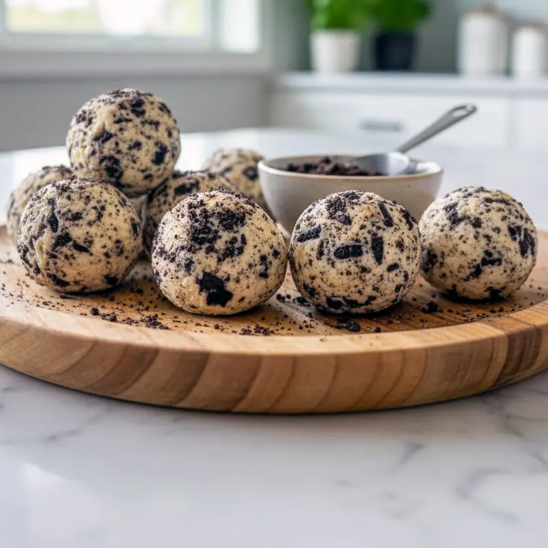 Creamy cookies-and-cream protein balls made with crushed Oreos and cream cheese, rolled into bite-sized snacks on a parchment-lined tray, perfect for no-bake meal prep and healthy snacking.