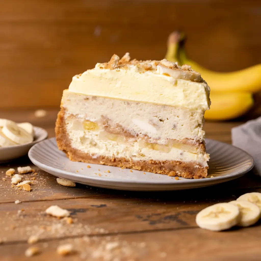A slice of Banana Pudding Cheesecake With Wafers showing a creamy banana cheesecake filling, Nilla wafer crust, banana layers, and a light whipped pudding topping—an irresistible Banana Cheesecake With Nilla Wafers dessert perfect for parties and holidays.