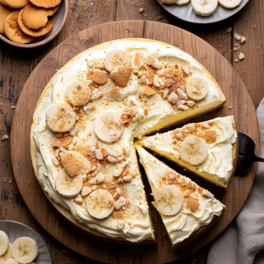 A slice of Banana Pudding Cheesecake With Wafers showing a creamy banana cheesecake filling, Nilla wafer crust, banana layers, and a light whipped pudding topping—an irresistible Banana Cheesecake With Nilla Wafers dessert perfect for parties and holidays.
