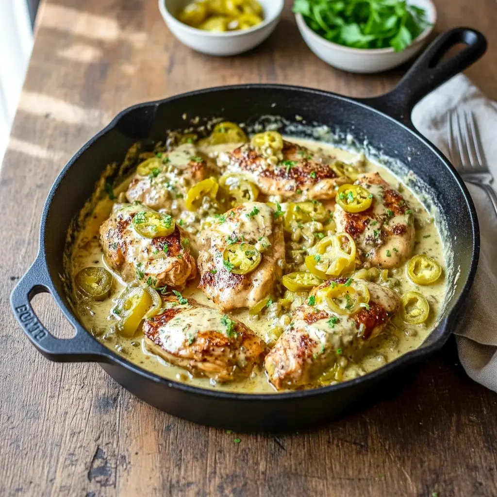 Creamy pepperoncini chicken skillet cooked in one pan with tender chicken and zesty peppers, ideal for Quick Oven Dinners, simple Dinner Recipes No Chicken inspiration, flexible Nsng Dinner Recipes, and wholesome Healthy Cast Iron Skillet Recipes Dinner made for busy nights.