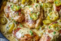 Creamy pepperoncini chicken skillet cooked in one pan with tender chicken and zesty peppers, ideal for Quick Oven Dinners, simple Dinner Recipes No Chicken inspiration, flexible Nsng Dinner Recipes, and wholesome Healthy Cast Iron Skillet Recipes Dinner made for busy nights.
