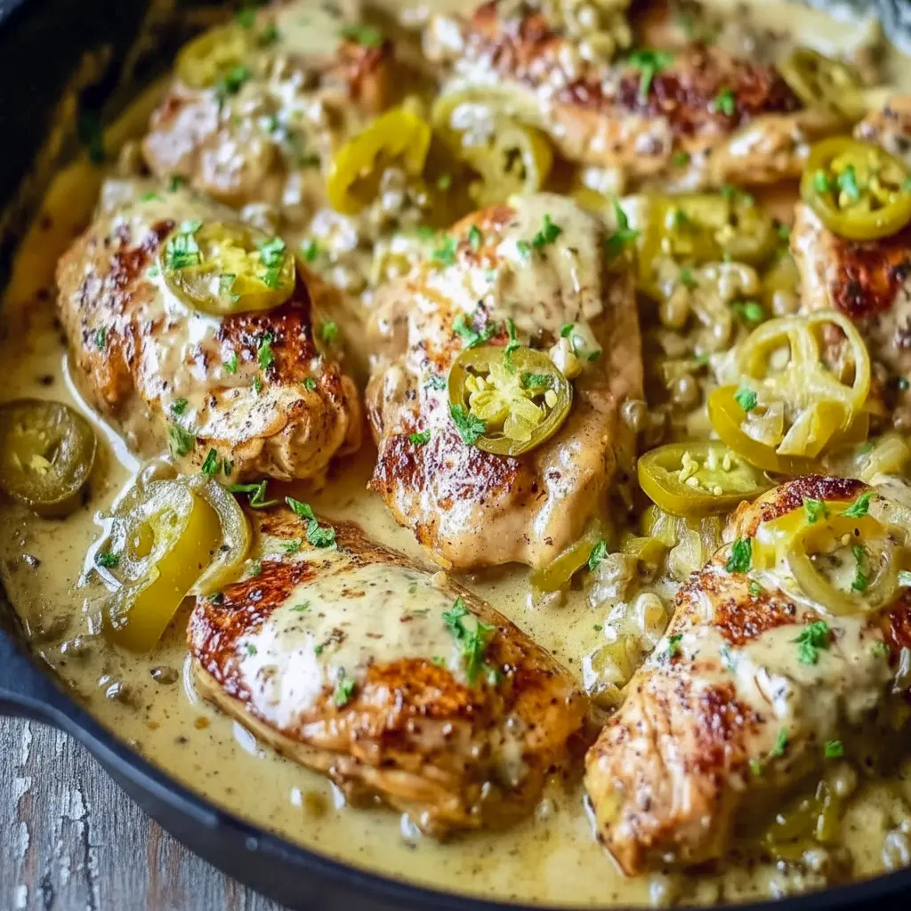 Creamy pepperoncini chicken skillet cooked in one pan with tender chicken and zesty peppers, ideal for Quick Oven Dinners, simple Dinner Recipes No Chicken inspiration, flexible Nsng Dinner Recipes, and wholesome Healthy Cast Iron Skillet Recipes Dinner made for busy nights.