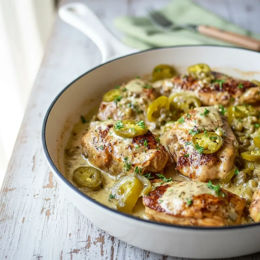 Creamy pepperoncini chicken skillet cooked in one pan with tender chicken and zesty peppers, ideal for Quick Oven Dinners, simple Dinner Recipes No Chicken inspiration, flexible Nsng Dinner Recipes, and wholesome Healthy Cast Iron Skillet Recipes Dinner made for busy nights.