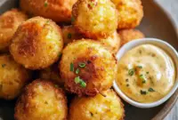 Crispy Crawfish Hush Puppies with Zesty Creole Dipping Sauce1 Crawfish Hush Puppies served hot and golden with a zesty Creole dip, showcasing crispy seafood bites inspired by Spicy Southern Hush Puppies and classic Dipping Sauce For Hush Puppies favorites.