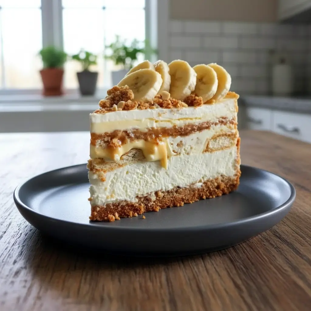 Banana Pudding Cookie Butter Cheesecake Cake layered with creamy cheesecake filling, crushed vanilla wafers, ripe bananas, and rich cookie butter, served as an indulgent no-bake dessert perfect for Family Dinner Dessert Ideas.