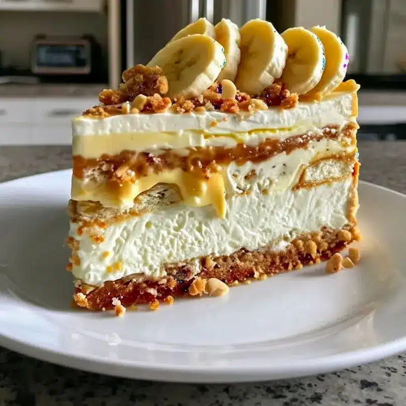 Banana Pudding Cookie Butter Cheesecake Cake layered with creamy cheesecake filling, crushed vanilla wafers, ripe bananas, and rich cookie butter, served as an indulgent no-bake dessert perfect for Family Dinner Dessert Ideas.
