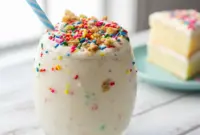A tall, creamy blender-made drink showcasing classic Birthday Cake Protein Shake Ingredients, topped with sprinkles and granola, perfect for fans of Birthday Cake Protein Shake Recipes, indulgent Cake Batter Protein Shake Recipes, and a thick, dreamy Cake Batter Protein Shake served cold.