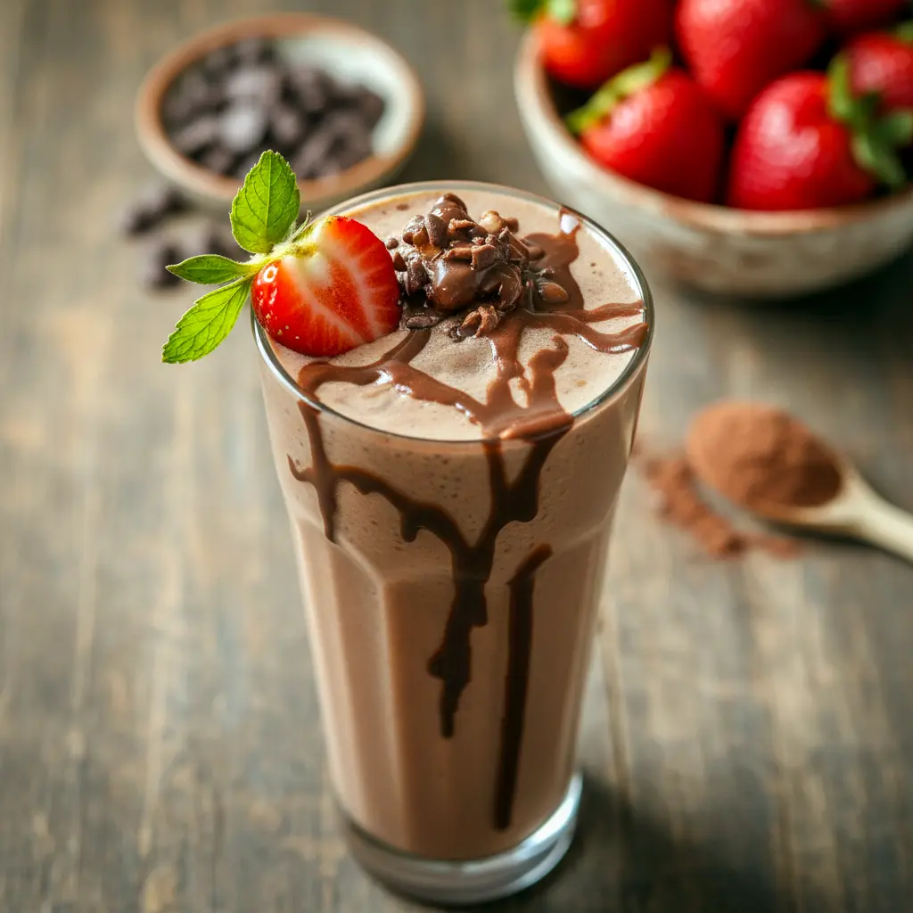 Chocolate strawberry protein smoothie in a glass topped with fresh strawberries, blending dessert-style flavor with a healthy, high-protein twist