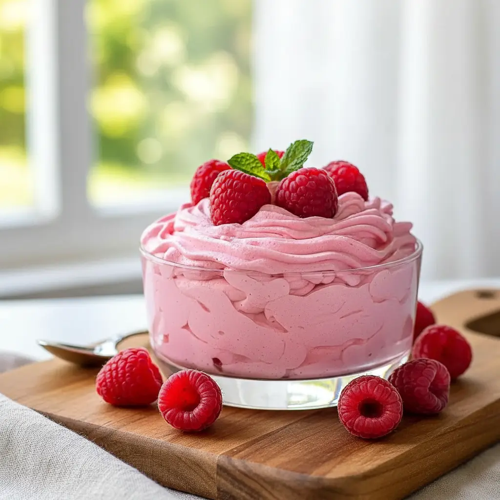 Healthy Cottage Cheese Dessert made as a creamy raspberry mousse, topped with fresh berries and mint, served in a glass as a light and refreshing Berry Cottage Cheese Mousse perfect for a healthy sweet treat.