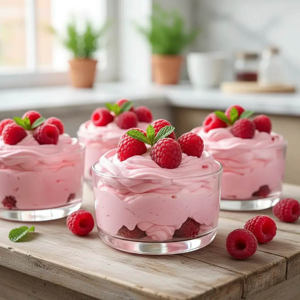 Healthy Cottage Cheese Dessert made as a creamy raspberry mousse, topped with fresh berries and mint, served in a glass as a light and refreshing Berry Cottage Cheese Mousse perfect for a healthy sweet treat.