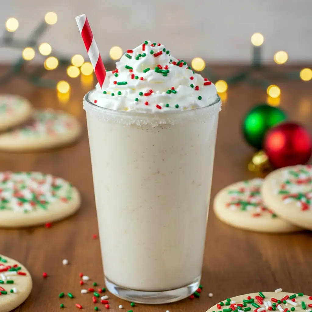 Thick and creamy Cookie Creamy Whip Protein Shake in a glass topped with whipped cream and sprinkles, styled as a festive Protein Shake With Cookies and indulgent Cookie Protein Shake that tastes like dessert.