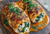 Fancy Main Dishes for Dinner – Baked Herbed Ricotta Chicken Rolls1 Fancy Main Dishes For Dinner featuring baked herbed ricotta chicken rolls in marinara sauce, sliced and served as a beautiful Chicken Entree Ideas option for special occasions.