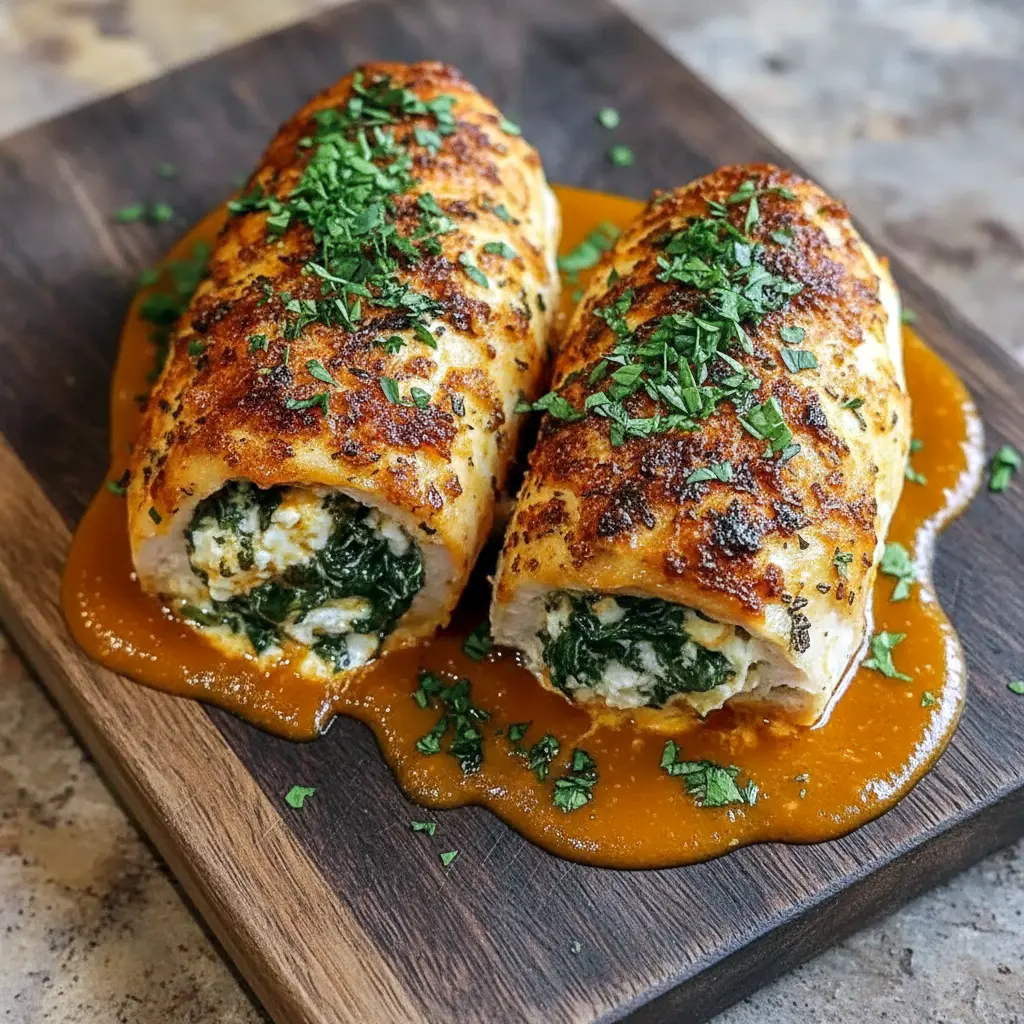 Fancy Main Dishes For Dinner featuring baked herbed ricotta chicken rolls in marinara sauce, sliced and served as a beautiful Chicken Entree Ideas option for special occasions.