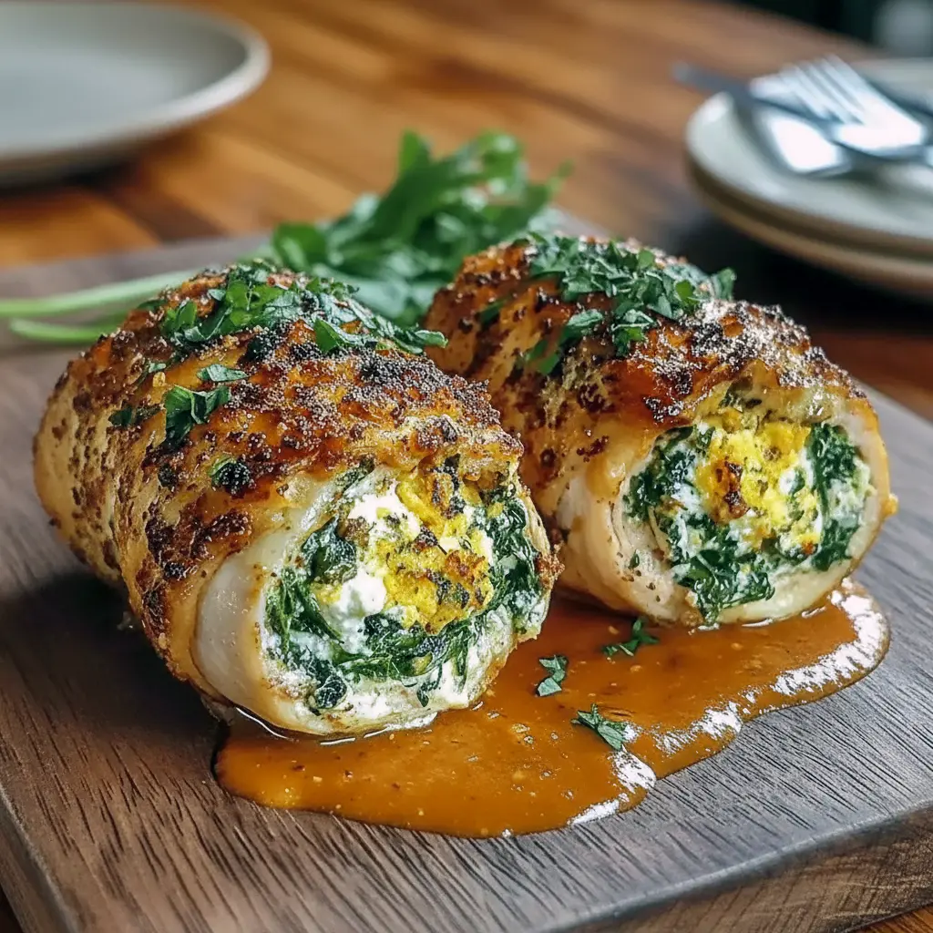 Fancy Main Dishes For Dinner featuring baked herbed ricotta chicken rolls in marinara sauce, sliced and served as a beautiful Chicken Entree Ideas option for special occasions.