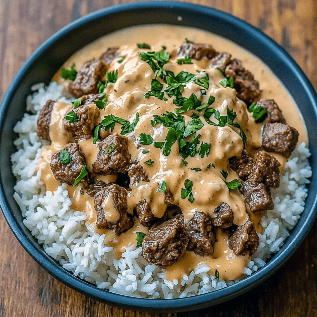 A hearty bowl of Steak And Rice topped with juicy Steak Bites, fluffy rice, and creamy Cheese Sauce For Steak, perfect for an easy homemade Steak Dinner the whole family will love.
