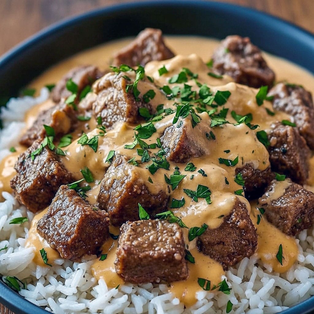 A hearty bowl of Steak And Rice topped with juicy Steak Bites, fluffy rice, and creamy Cheese Sauce For Steak, perfect for an easy homemade Steak Dinner the whole family will love.