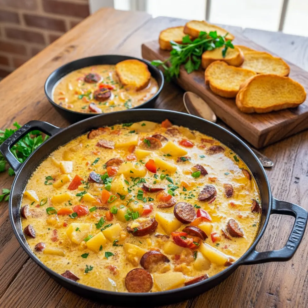 A warm bowl of Cajun Potato Soup With Andouille featuring tender potatoes, sliced sausage, and a rich cheesy broth, perfect for fans of Creamy Cajun Potato Soup With Andouille.