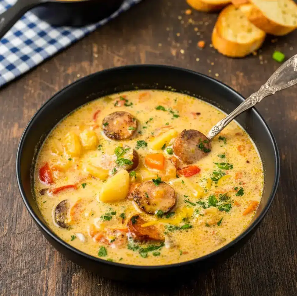 A warm bowl of Cajun Potato Soup With Andouille featuring tender potatoes, sliced sausage, and a rich cheesy broth, perfect for fans of Creamy Cajun Potato Soup With Andouille.