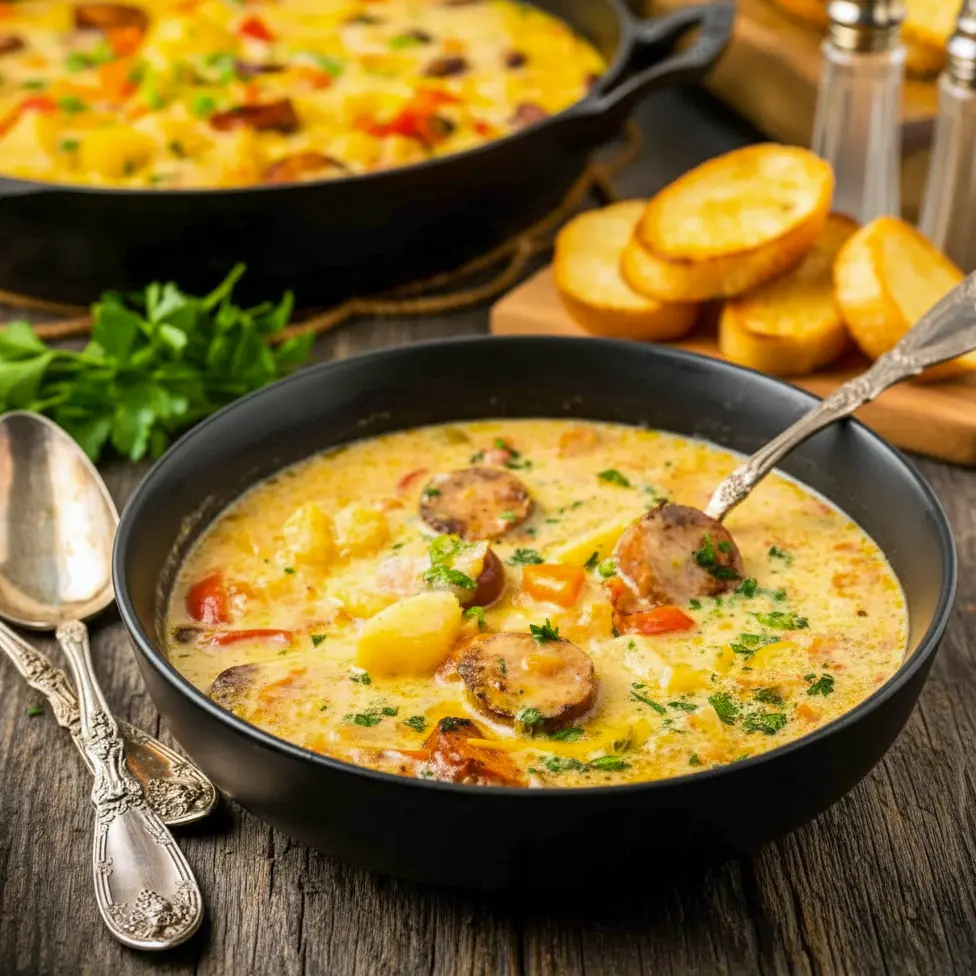 A warm bowl of Cajun Potato Soup With Andouille featuring tender potatoes, sliced sausage, and a rich cheesy broth, perfect for fans of Creamy Cajun Potato Soup With Andouille.