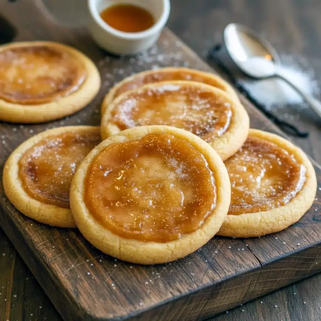 Golden Crème Brûlée Cookies with caramelized sugar tops showcasing Cute Easy Recipes Desserts that look fun, indulgent, and perfect for sharing or gifting.
