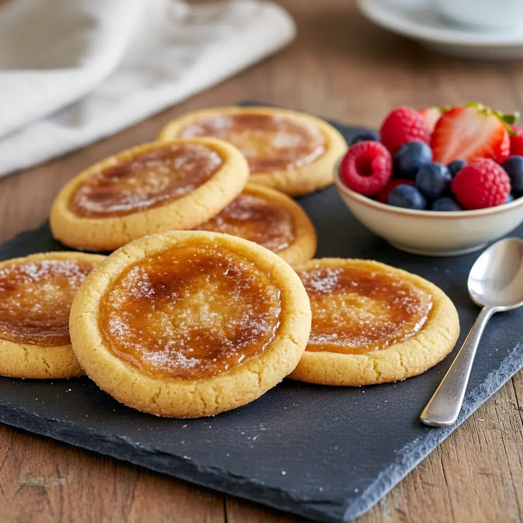 Golden Crème Brûlée Cookies with caramelized sugar tops showcasing Cute Easy Recipes Desserts that look fun, indulgent, and perfect for sharing or gifting.