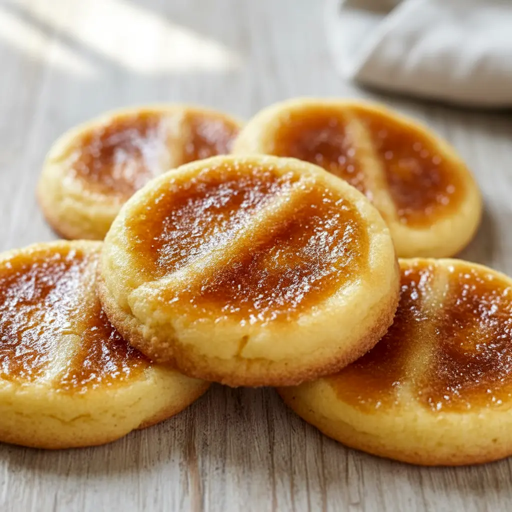 Golden Crème Brûlée Cookies with caramelized sugar tops showcasing Cute Easy Recipes Desserts that look fun, indulgent, and perfect for sharing or gifting.