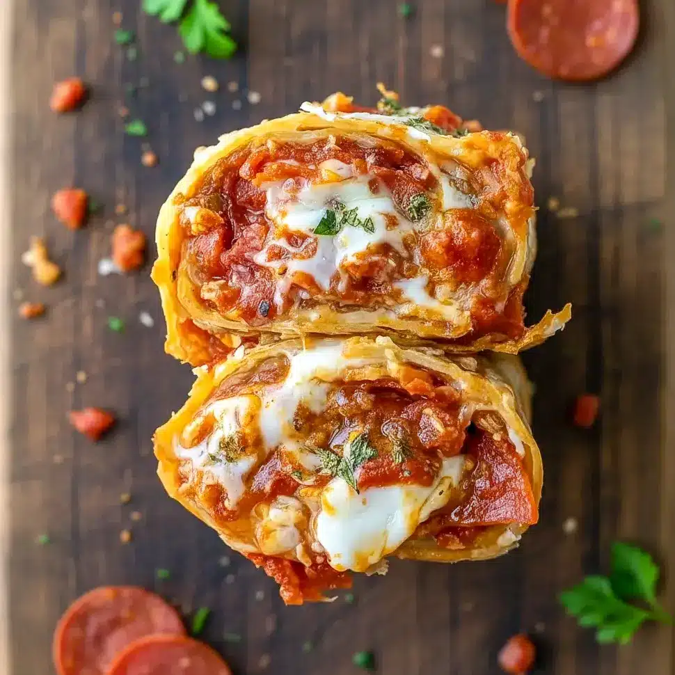 Golden baked pepperoni pizza rolls sliced open to show melty cheese and savory filling, perfect for Easy Healthy Lunch Ideas High Protein, quick High Protein Meals On The Go, and satisfying family-friendly meals that feel indulgent but stay balanced.