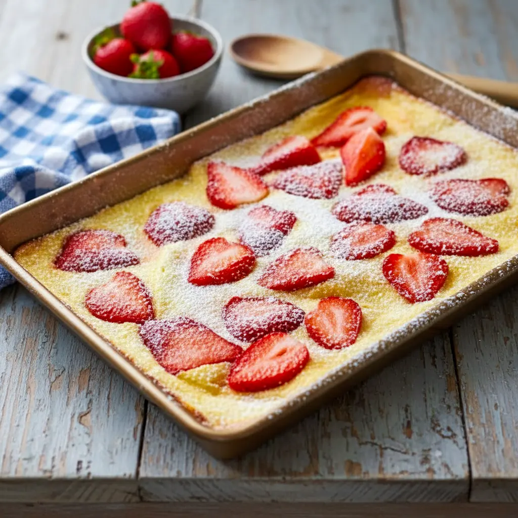 Healthy Cottage Cheese Breakfast oven pancakes baked on a sheet pan with fresh strawberries, a simple high-protein option from Cottage Cheese Recipes Healthy Breakfast that’s easy, fluffy, and perfect for meal prep.
