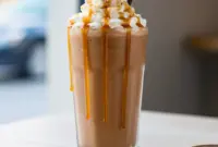 Icy blended Caramel Macchiato Protein Shake with coffee, chocolate protein powder, and caramel flavor, served as a creamy Caramel Coffee Protein Shake that doubles as a smooth Chocolate Caramel Protein Shake, perfect for a healthy homemade Salted Caramel Protein Shake Recipe.