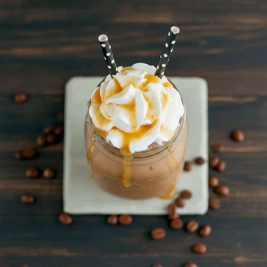 Icy blended Caramel Macchiato Protein Shake with coffee, chocolate protein powder, and caramel flavor, served as a creamy Caramel Coffee Protein Shake that doubles as a smooth Chocolate Caramel Protein Shake, perfect for a healthy homemade Salted Caramel Protein Shake Recipe.