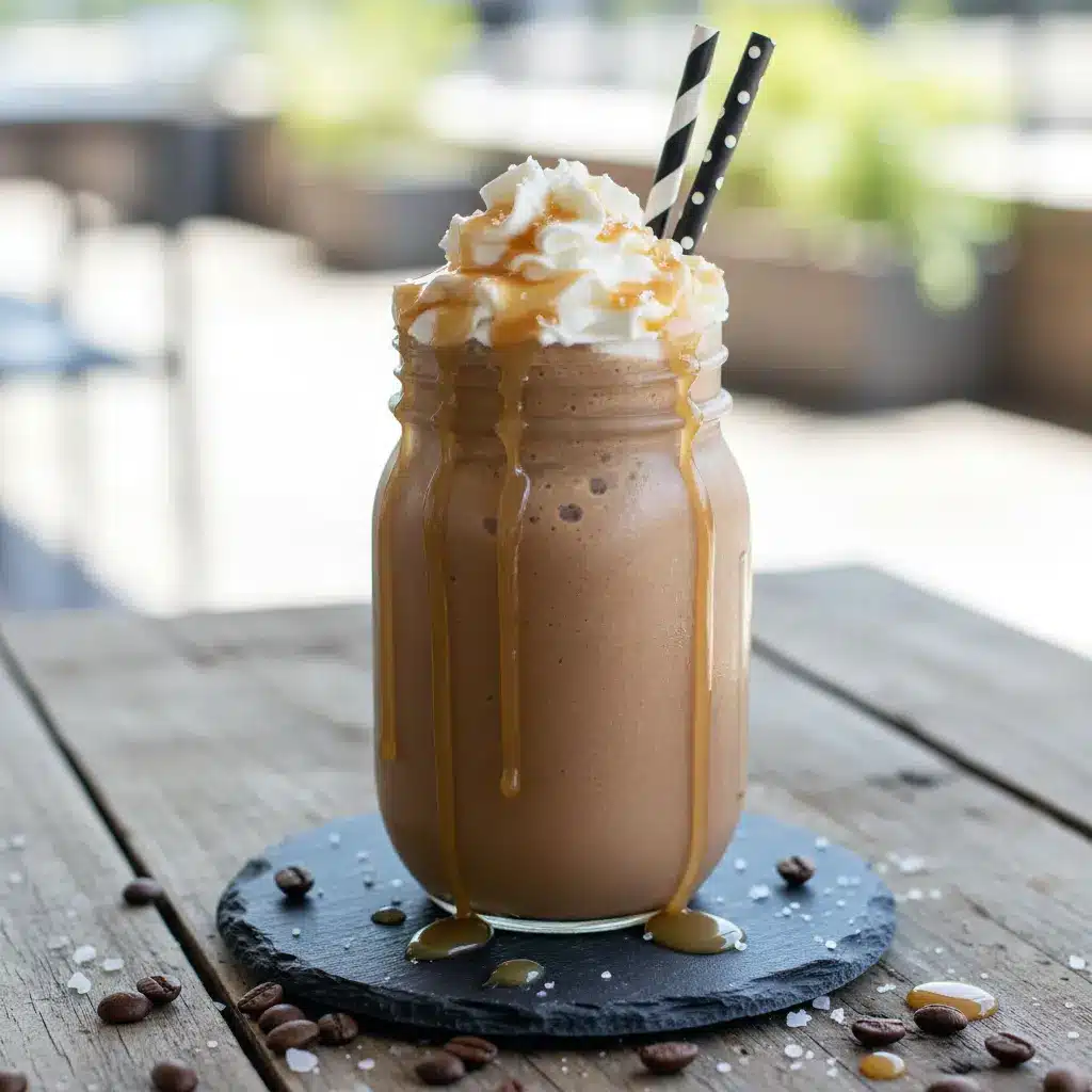 Icy blended Caramel Macchiato Protein Shake with coffee, chocolate protein powder, and caramel flavor, served as a creamy Caramel Coffee Protein Shake that doubles as a smooth Chocolate Caramel Protein Shake, perfect for a healthy homemade Salted Caramel Protein Shake Recipe.