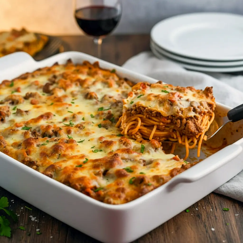 A baked dish of High Protein Spaghetti Casserole layered with hearty meat sauce, protein pasta, and golden melted cheese, perfect for an Easy High Protein Casserole dinner that feels indulgent but fuels your day.