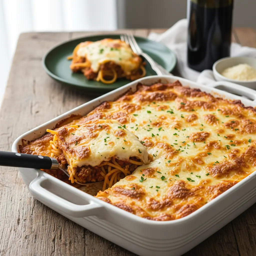 A baked dish of High Protein Spaghetti Casserole layered with hearty meat sauce, protein pasta, and golden melted cheese, perfect for an Easy High Protein Casserole dinner that feels indulgent but fuels your day.