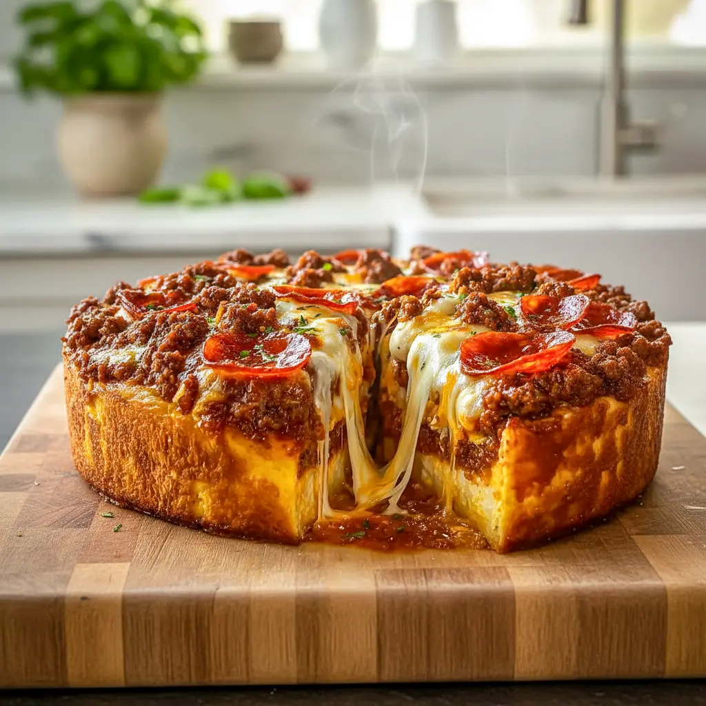 A golden, cheesy Crustless Pizza Bake fresh from the oven, loaded with savory toppings and inspired by Low Carb Crustless Pizza and simple Crustless Pizza Recipe ideas for a high-protein meal.