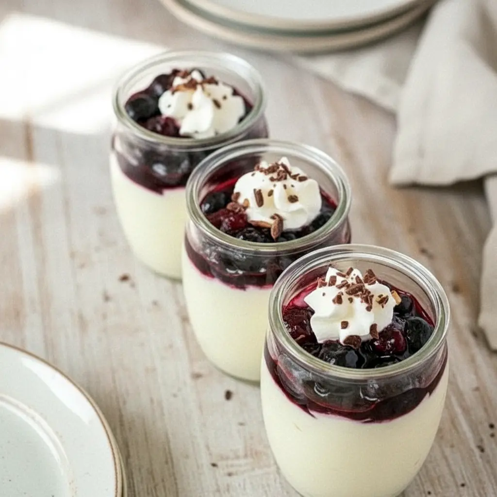 A spoon dipping into a creamy vanilla yogurt protein pudding topped with thawed mixed berries and whipped cream in a small glass container, styled as a high-protein snack or dessert.