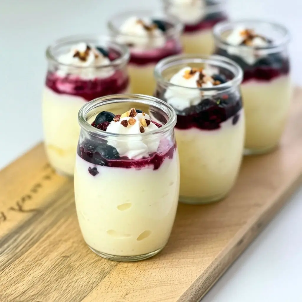 A spoon dipping into a creamy vanilla yogurt protein pudding topped with thawed mixed berries and whipped cream in a small glass container, styled as a high-protein snack or dessert.